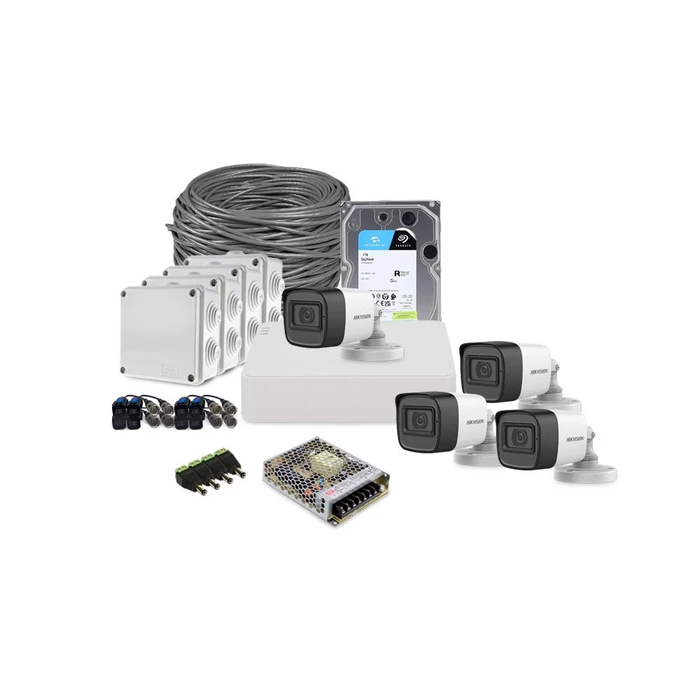 Sistem supraveghere exterior complet HikVision, 4 camere, 2 MP, IR 30 m, 2.8 mm, microfon, HDD 1 TB