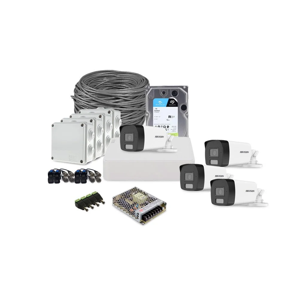Sistem supraveghere exterior complet HikVision, 4 camere, 2 MP, IR 40 m, lumina alba 40 m, 2.8 mm, microfon, HDD 1 TB