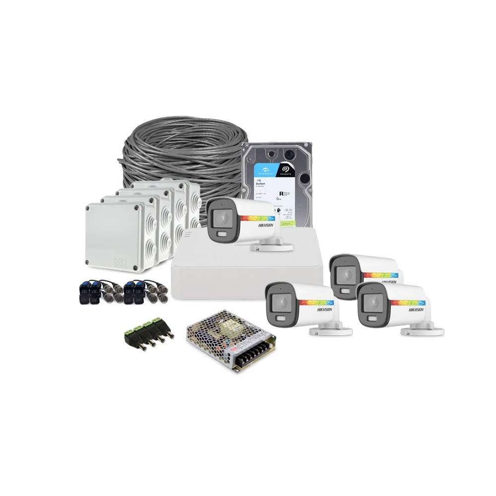 Sistem supraveghere exterior complet HikVision, 4 camere, 2 MP, lumina alba 20 m, 2.8 mm, microfon, HDD 1 TB