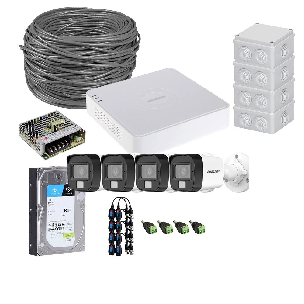 Sistem supraveghere exterior complet HikVision, 4 camere, 5 MP, IR 25 m, lumina alba 20 m, 2.8 mm, microfon, HDD 1TB