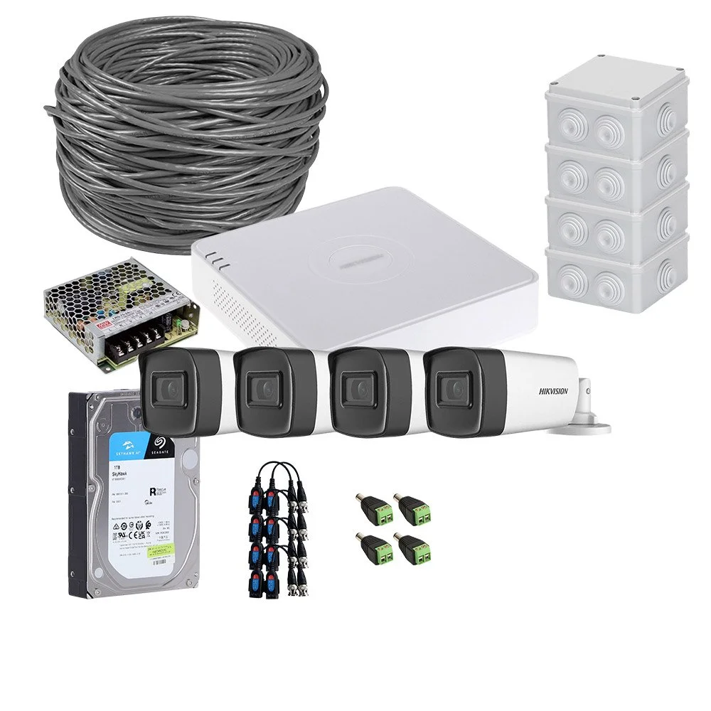 Sistem supraveghere exterior complet HikVision, 4 camere, 5 MP, IR 40 m, 2.8 mm, microfon, HDD 1TB
