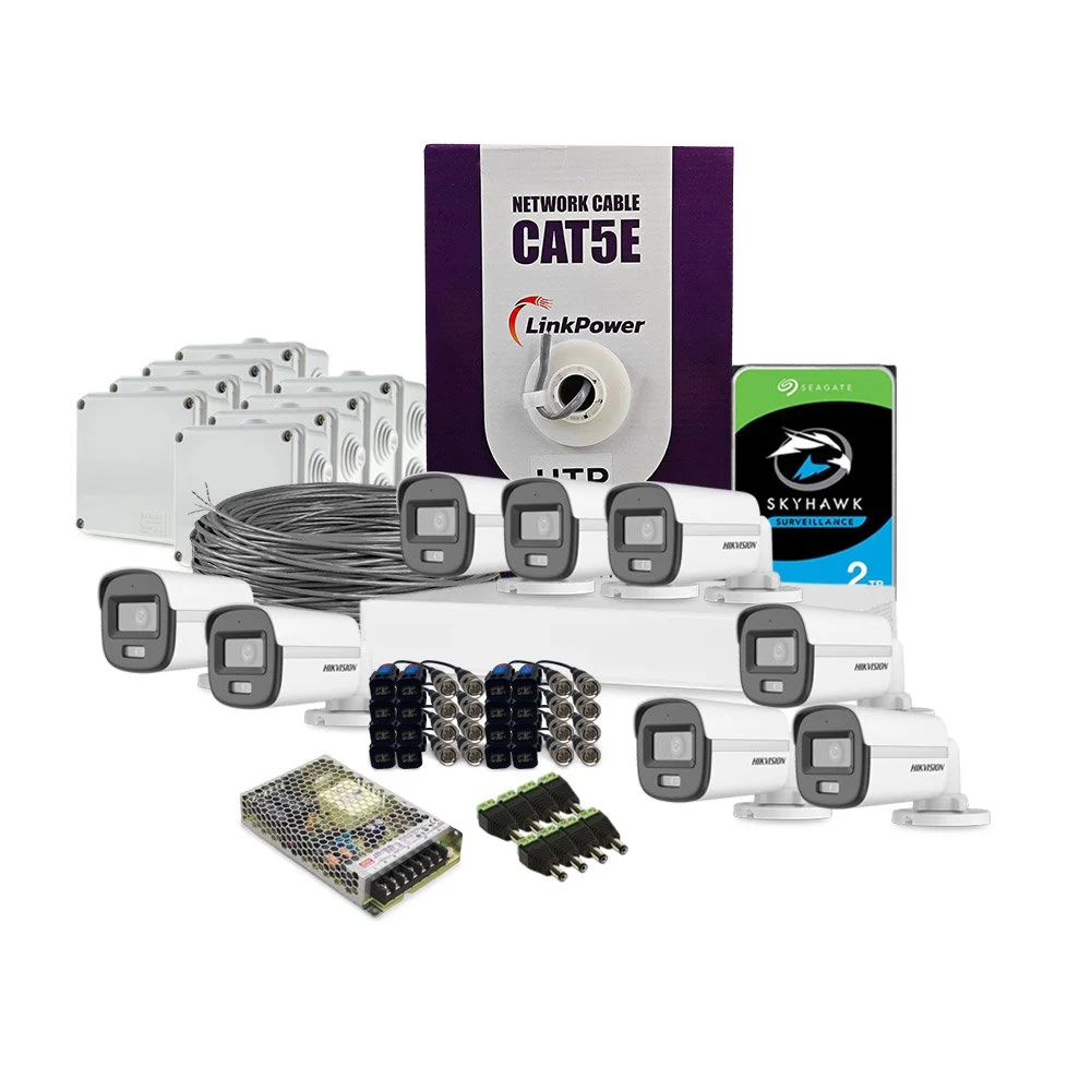 Sistem supraveghere exterior complet HikVision, 8 camere, 2 MP, 2.8 mm, IR/lumina alba 20 m, microfon, HDD 2 TB