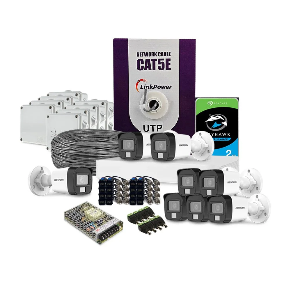 Sistem supraveghere exterior complet HikVision, 8 camere, 2 MP, IR 25 m, lumina alba 20 m, 2.8 mm, microfon, HDD 2 TB