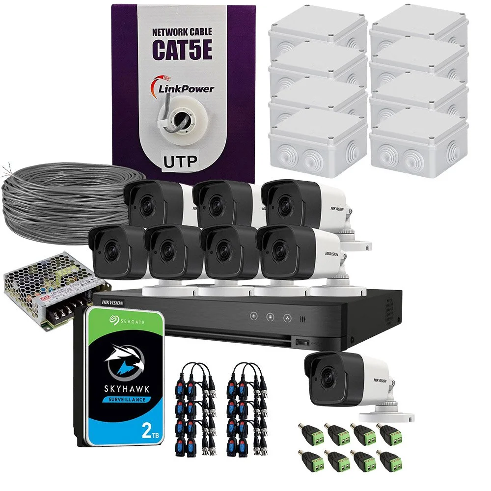 Sistem supraveghere exterior complet HikVision, 8 camere, 5 MP, IR 30 m, 2.8 mm, microfon, HDD 2TB