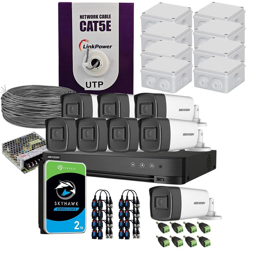 Sistem supraveghere exterior complet HikVision, 8 camere, 5 MP, IR 40 m, 2.8 mm, microfon, HDD 2TB