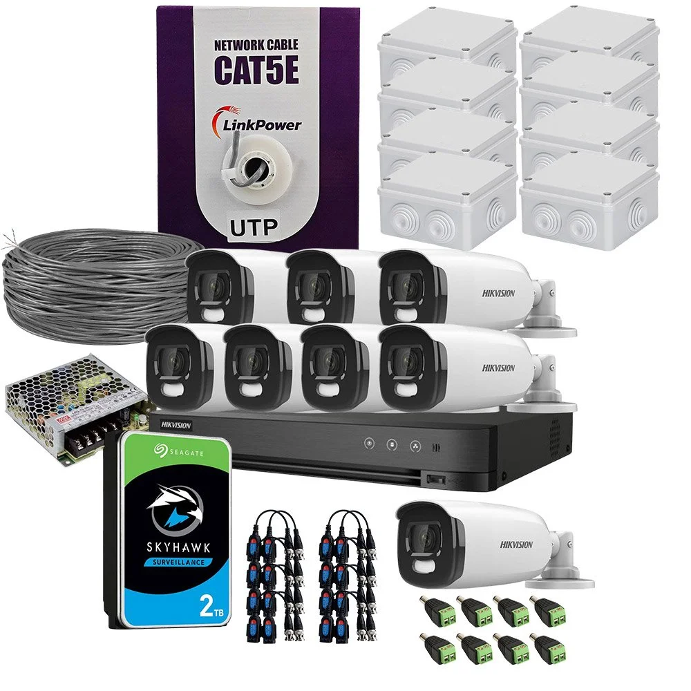Sistem supraveghere exterior complet HikVision, 8 camere, 5 MP, lumina alba 40 m, 2.8 mm, HDD 2TB