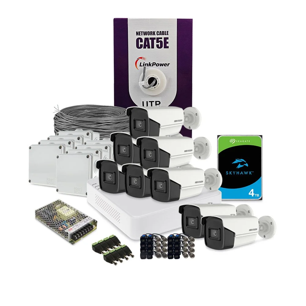 Sistem supraveghere exterior complet HikVision, 8 camere, 8 MP, IR 60 m, 2.8 mm, HDD 4 TB