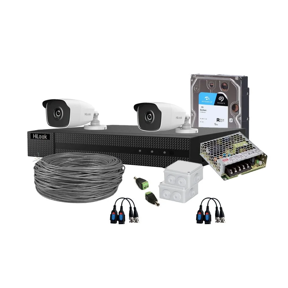 Sistem supraveghere exterior complet HikVision HiLook, 2 camere, 2 MP, 2.8 mm, IR EXIR 40 m, HDD 1 TB