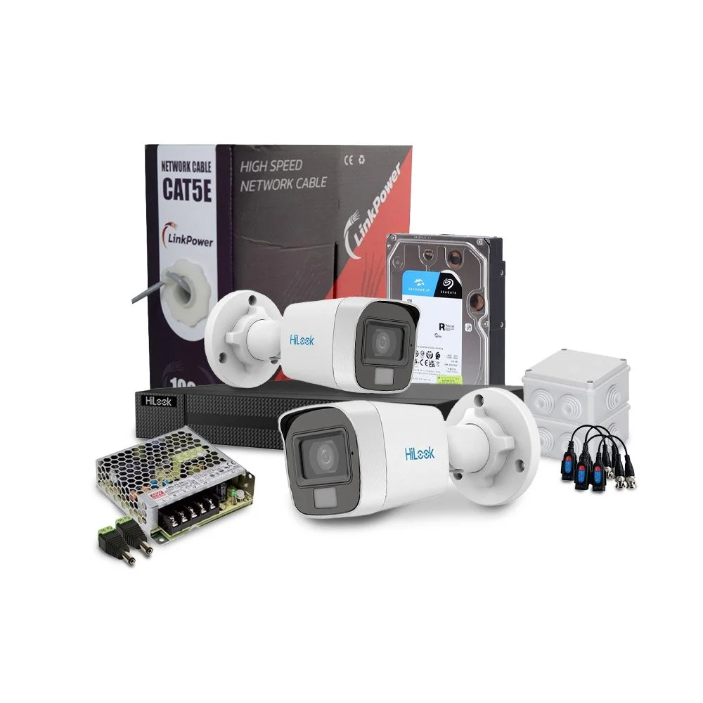 Sistem supraveghere exterior complet HikVision HiLook, 2 camere, 2 MP, 2.8 mm, IR/lumina alba 20 m, microfon, HDD 1 TB