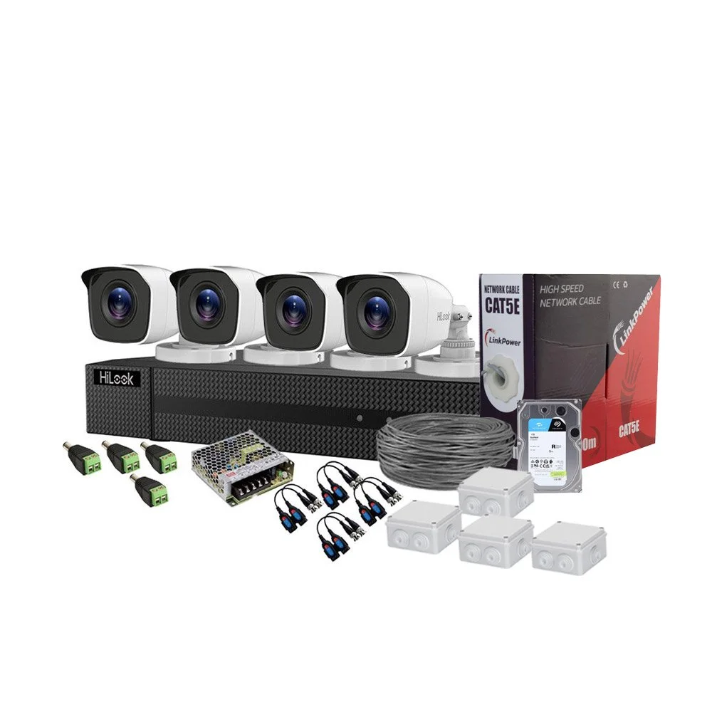 Sistem supraveghere exterior complet Hikvision HiLook KIT-HL-C-4C-C-0001, 5 MP, 2.8 mm, IR 20 m, HDD 1TB