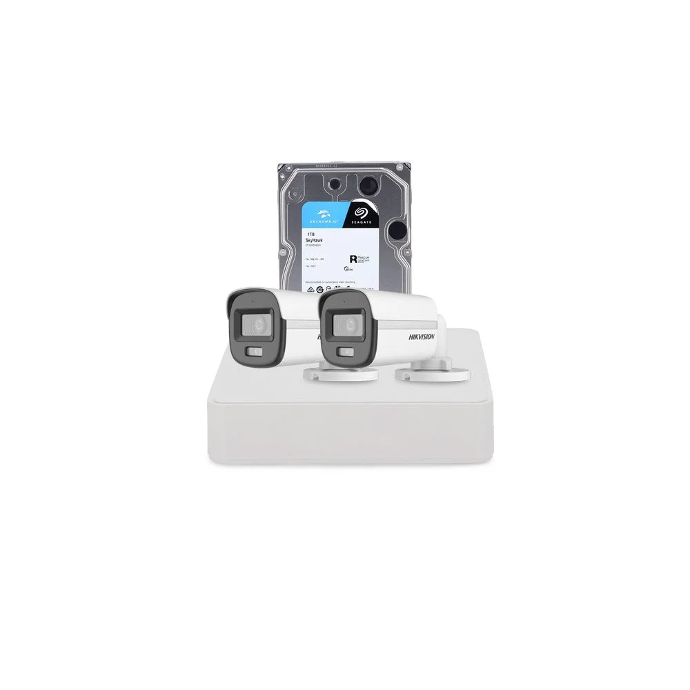 Sistem supraveghere exterior cu HDD 1 TB HikVision, 2 camere, 2 MP, 2.8 mm, IR/lumina alba 20 m, microfon