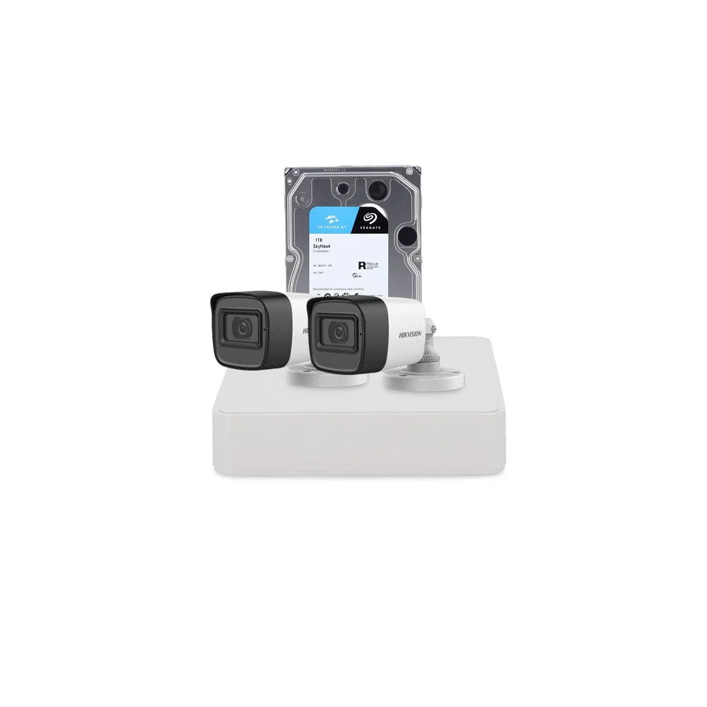 Sistem supraveghere exterior cu HDD 1 TB HikVision, 2 camere, 2 MP, IR 30 m, 2.8 mm, microfon