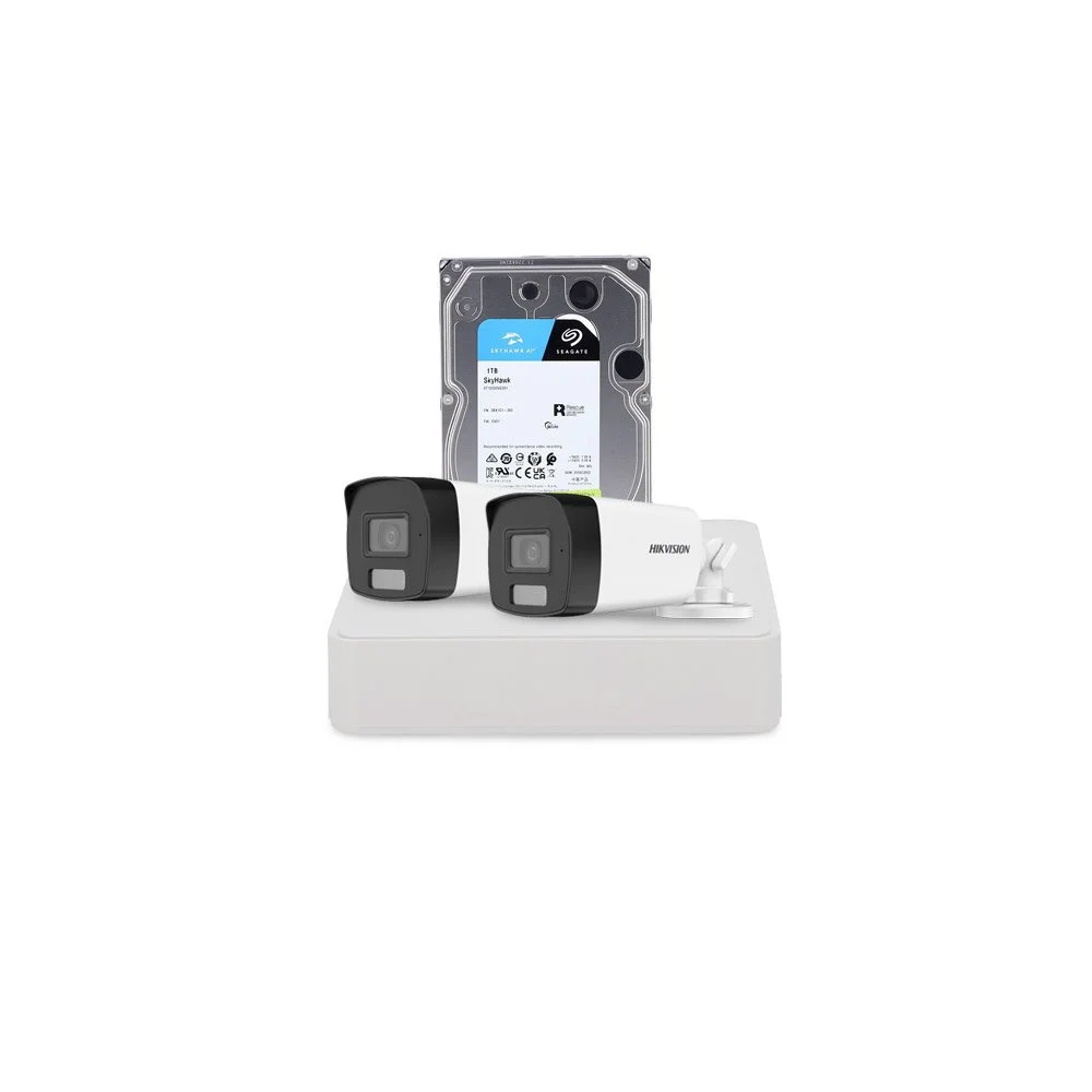 Sistem supraveghere exterior cu HDD 1 TB HikVision, 2 camere, 2 MP, IR 40 m, lumina alba 40 m, 2.8 mm, microfon
