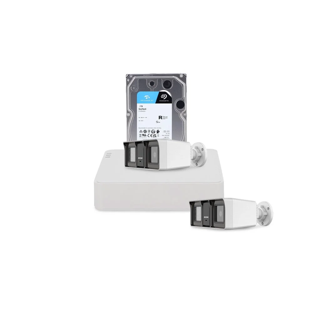 Sistem supraveghere exterior cu HDD 1 TB HikVision, 2 camere, 2 MP, IR/lumina alba 60 m, 2.8 mm, microfon