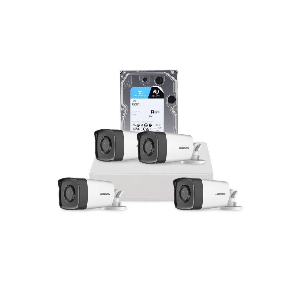 Sistem supraveghere exterior cu HDD 1 TB HikVision, 4 camere, 2 MP, 2.8 mm, IR 40 m