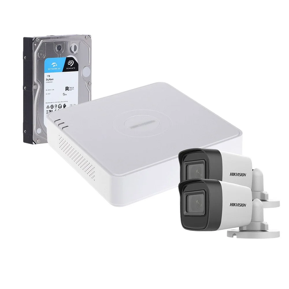 Sistem supraveghere exterior cu HDD 1TB HikVision, 2 camere, 5 MP, IR 20 m, 2.8 mm