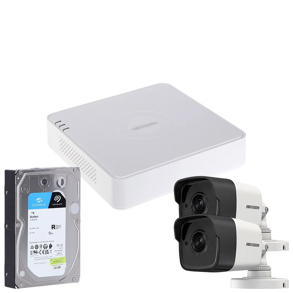 Sistem supraveghere exterior cu HDD 1TB HikVision, 2 camere, 5 MP, IR 30 m, 2.8 mm, microfon