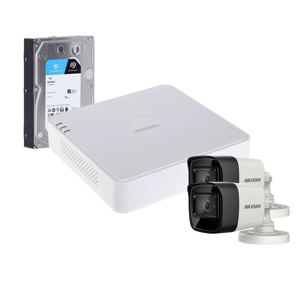 Sistem supraveghere exterior cu HDD 1TB HikVision, 2 camere, 5 MP, IR 30 m, 2.8 mm