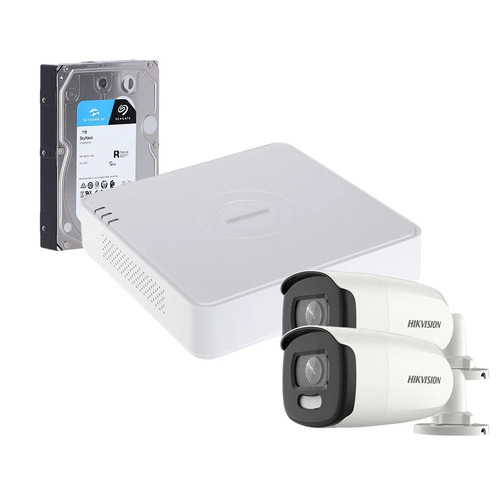 Sistem supraveghere exterior cu HDD 1TB HikVision, 2 camere, 5 MP, lumina alba 20 m, 2.8 mm, stroboscop