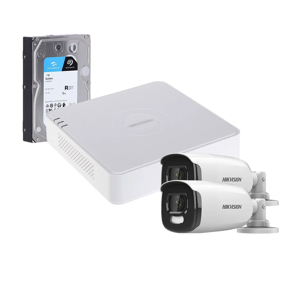 Sistem supraveghere exterior cu HDD 1TB HikVision, 2 camere, 5 MP, lumina alba 40 m, 2.8 mm
