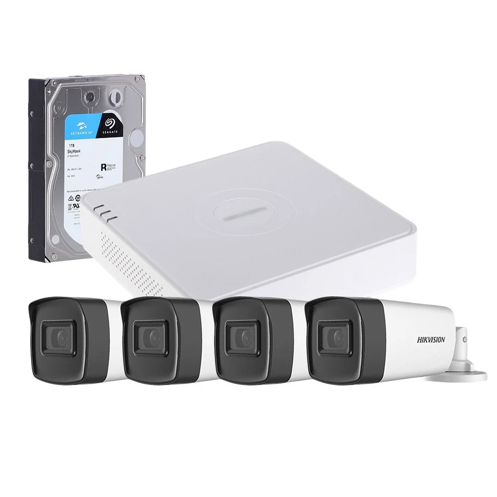 Sistem supraveghere exterior cu HDD 1TB HikVision, 4 camere, 5 MP, IR 40 m, 2.8 mm, microfon