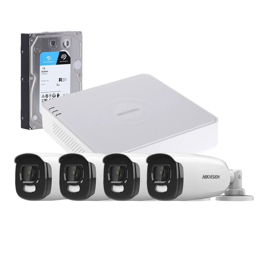 Sistem supraveghere exterior cu HDD 1TB HikVision, 4 camere, 5 MP, lumina alba 40 m, 2.8 mm