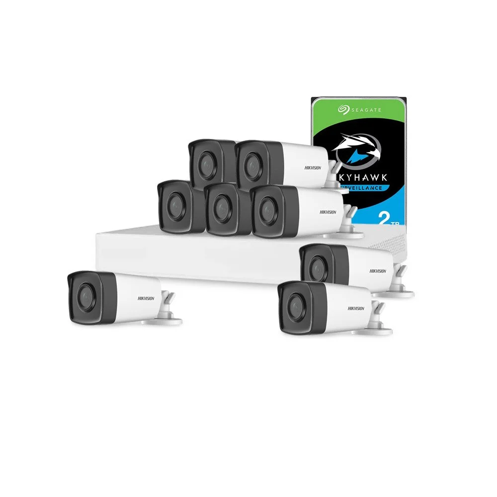 Sistem supraveghere exterior cu HDD 2 TB HikVision, 8 camere, 2 MP, 2.8 mm, IR 40 m