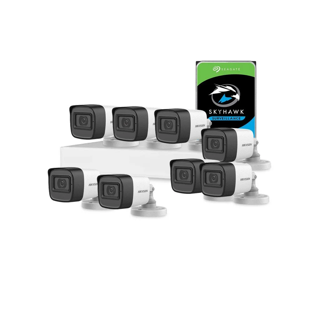 Sistem supraveghere exterior cu HDD 2 TB HikVision, 8 camere, 2 MP, IR 30 m, 2.8 mm, microfon