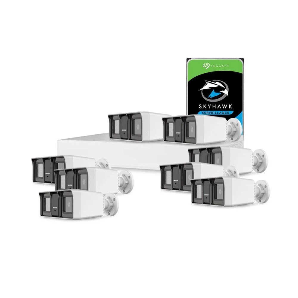 Sistem supraveghere exterior cu HDD 2 TB HikVision, 8 camere, 2 MP, IR/lumina alba 60 m, 2.8 mm, microfon