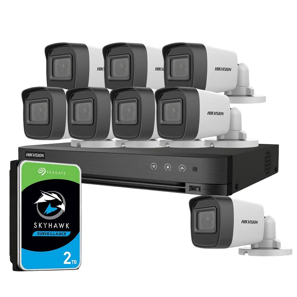 Sistem supraveghere exterior cu HDD 2TB HikVision, 8 camere, 5 MP, IR 20 m, 2.8 mm