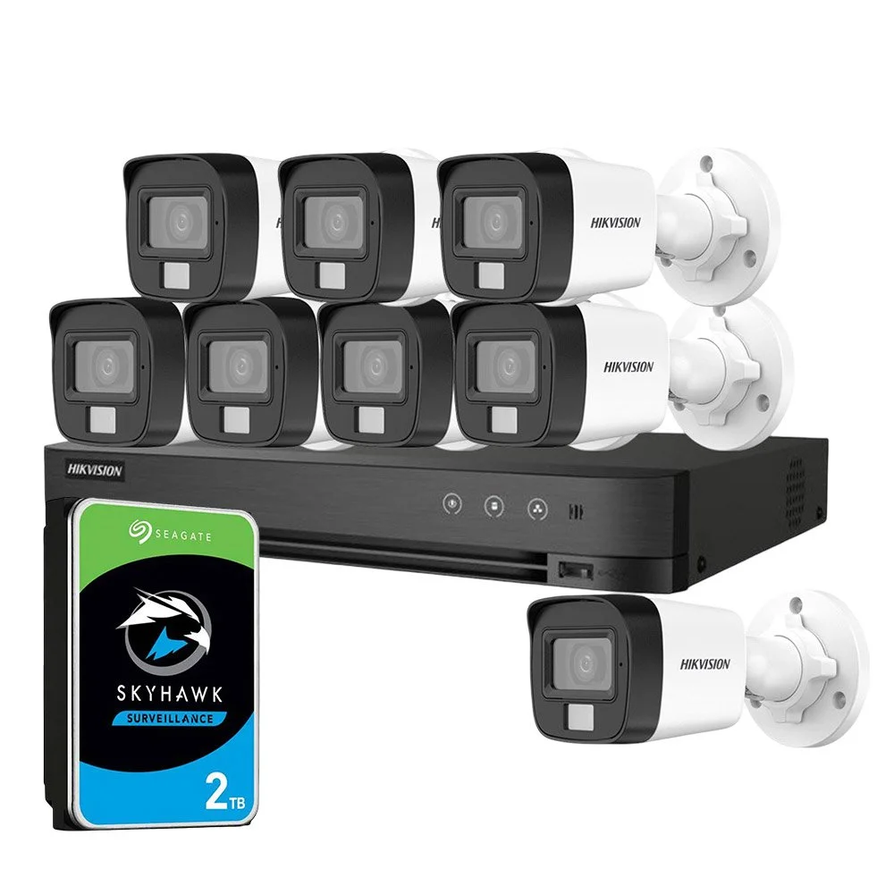 Sistem supraveghere exterior cu HDD 2TB HikVision, 8 camere, 5 MP, IR 30 m, lumina alba 20 m, 2.8 mm, microfon