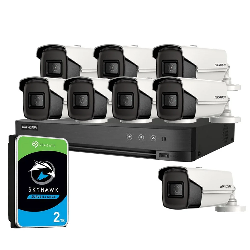 Sistem supraveghere exterior cu HDD 2TB HikVision, 8 camere, 5 MP, IR 60 m, 2.8 mm