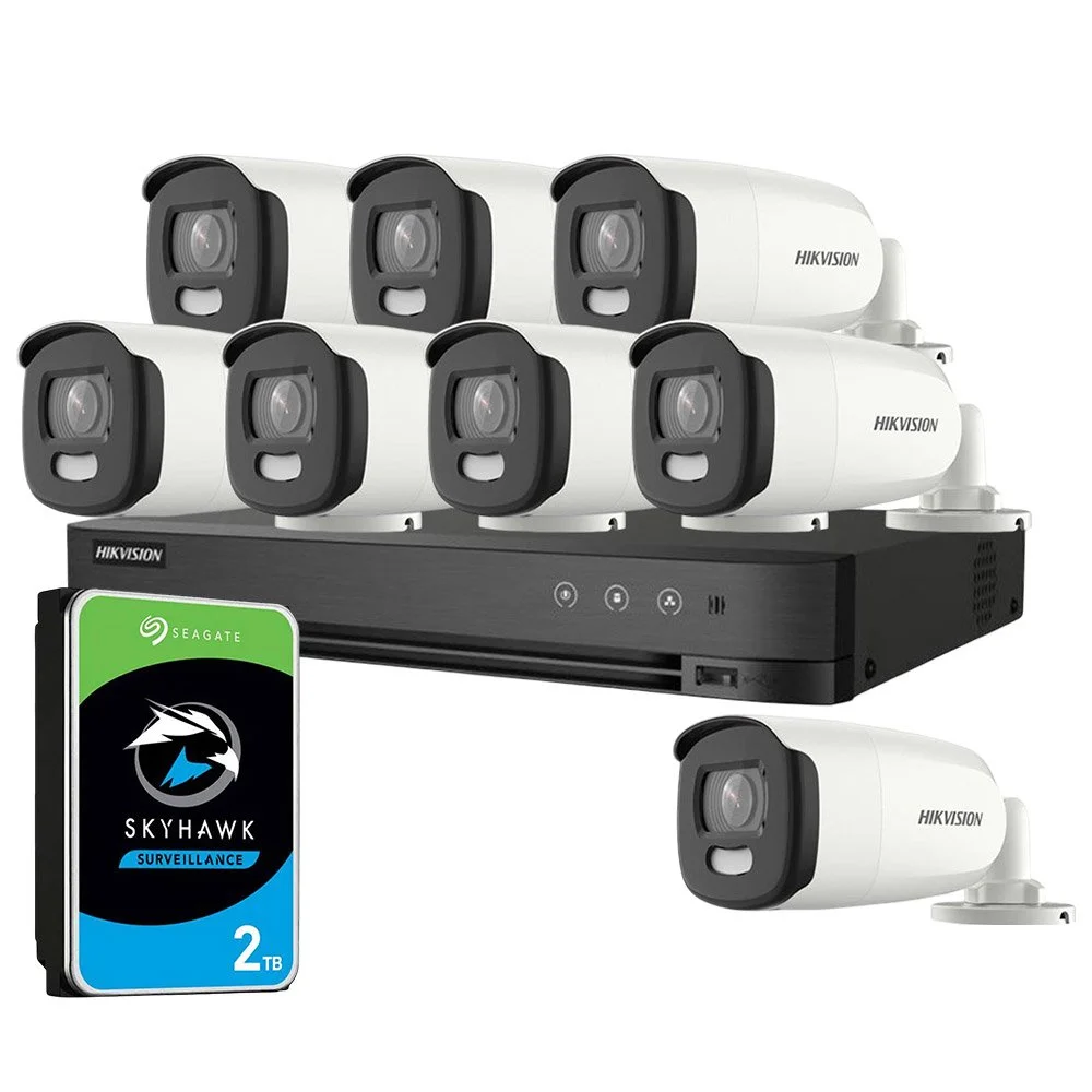 Sistem supraveghere exterior cu HDD 2TB HikVision, 8 camere, 5 MP, lumina alba 20 m, 2.8 mm, stroboscop