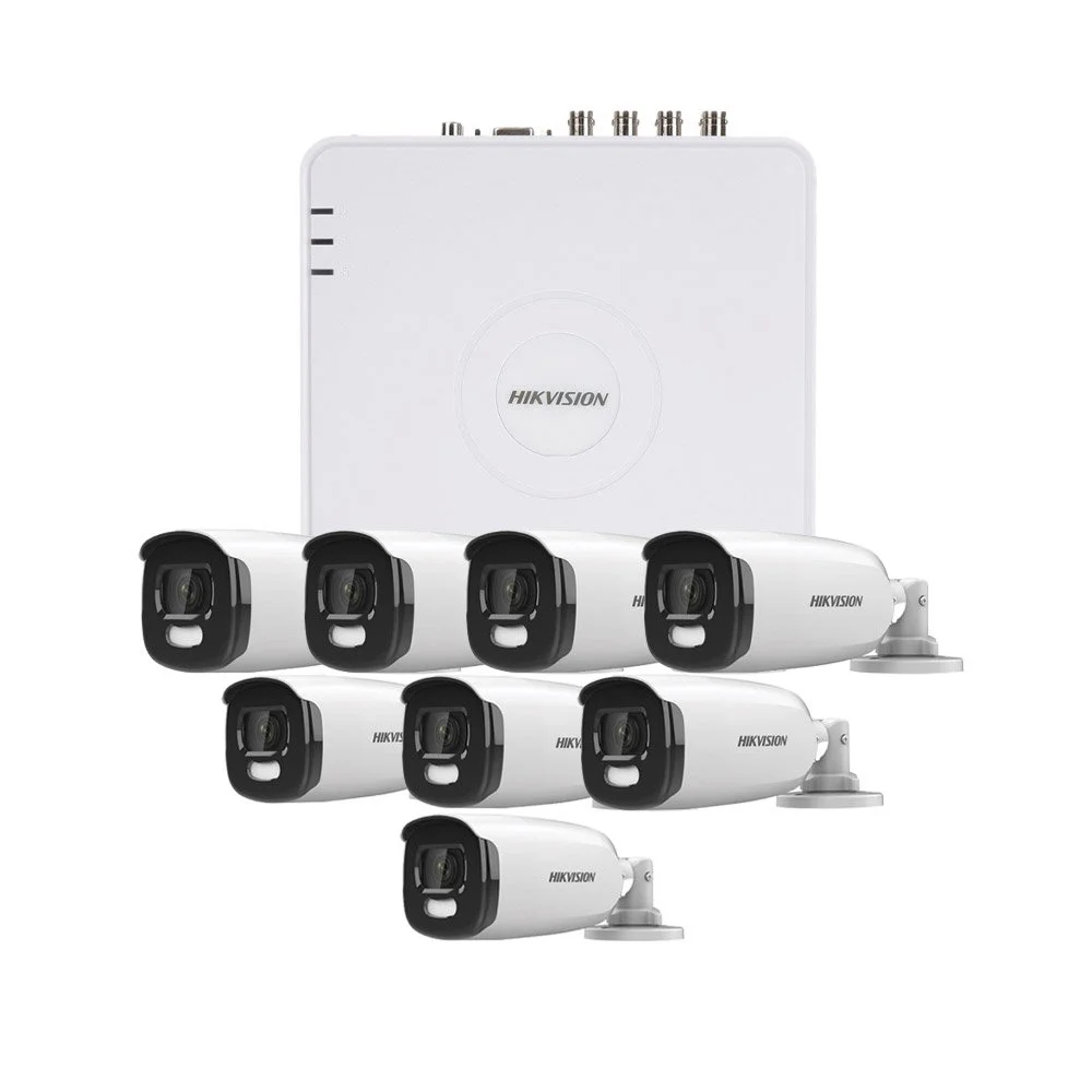 Sistem supraveghere exterior Hikvision AcuSense TurboHD ColorVu KIT-HK-8EXT5MP40LA, 8 camere, 5 MP, lumina alba 40 m, 2.8 mm