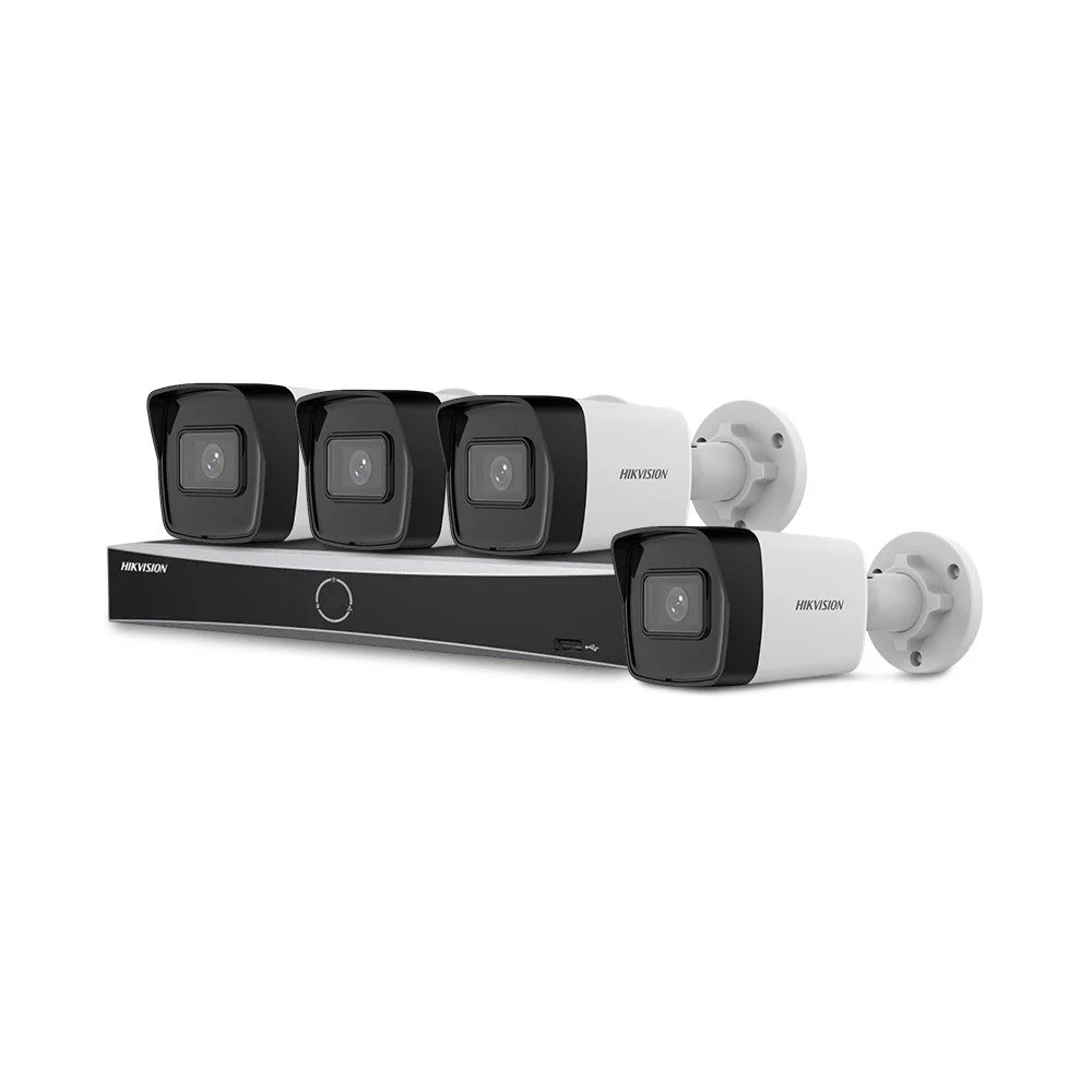 Sistem supraveghere IP exterior basic HikVision KIT-HIK-B4EXT4MP-30M-V2-POE, 4 camere, 2 MP, 2.8 mm, IR 30 m, PoE
