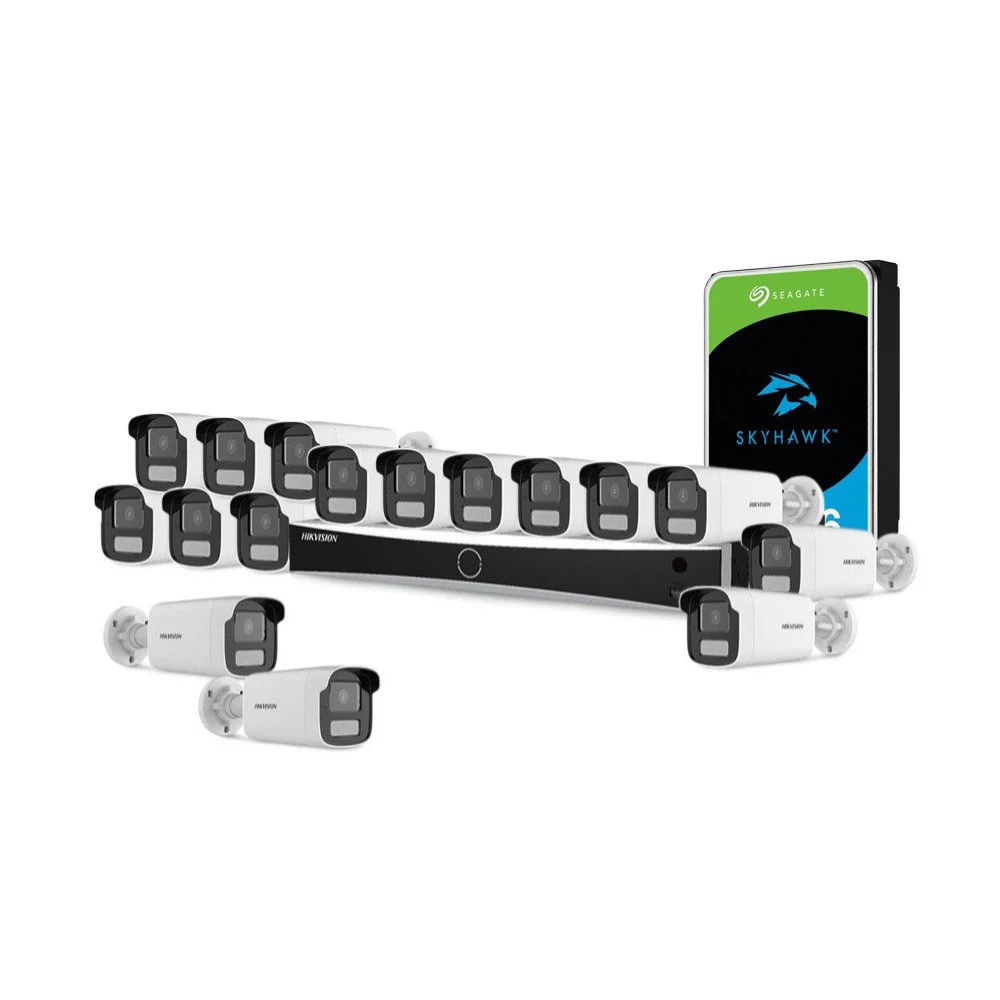 Sistem supraveghere IP exterior complet HikVision KIT-HIK-C16EXT2MP-CV50M-A-POE, 16 camere, 2 MP, 4 mm, IR/lumina alba 50 m, microfon, PoE, HDD 6TB
