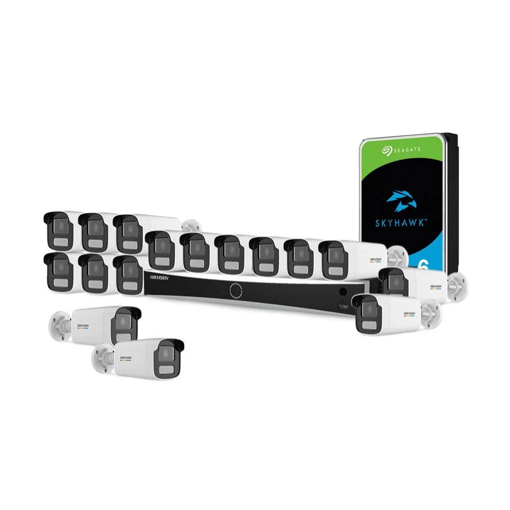 Sistem supraveghere IP exterior complet HikVision KIT-HIK-C16EXT2MP-CV50M-POE, 16 camere, 2 MP, 4 mm, lumina alba 50 m, PoE, HDD 6TB