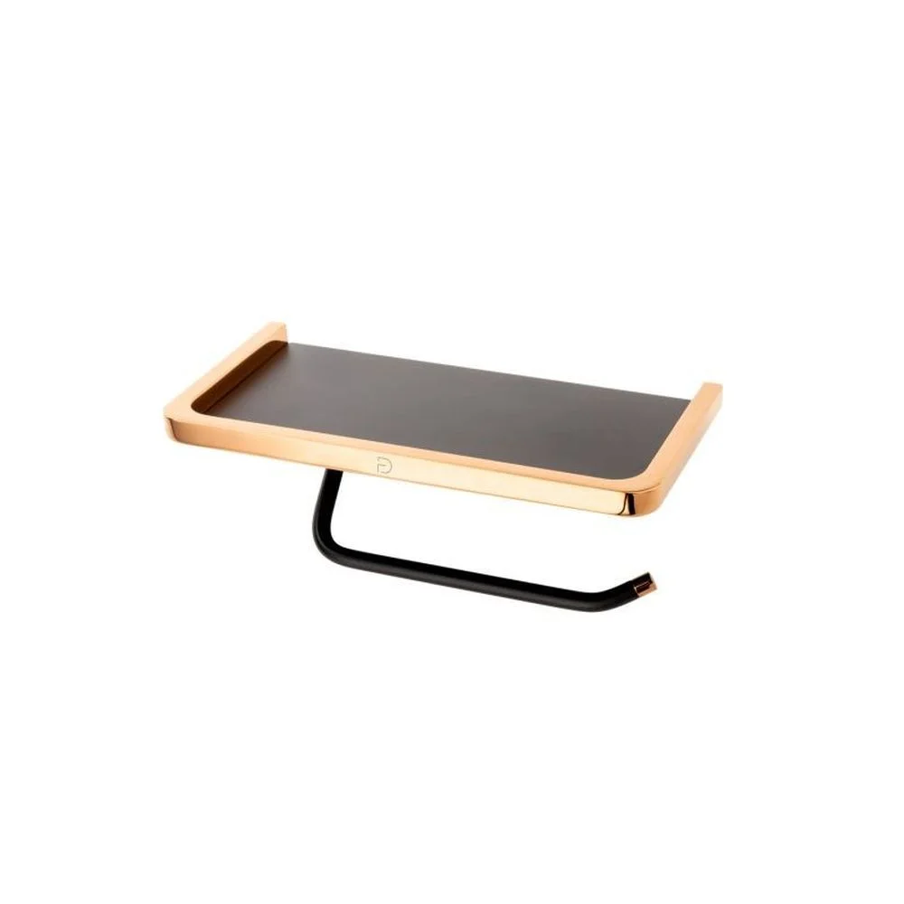 Suport hartie igienica FDesign Merida, cu polita, negru mat rose gold lucios