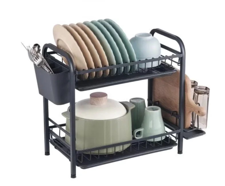 Suport pentru uscat vase 2 nivele si placuta de scurgere Negru