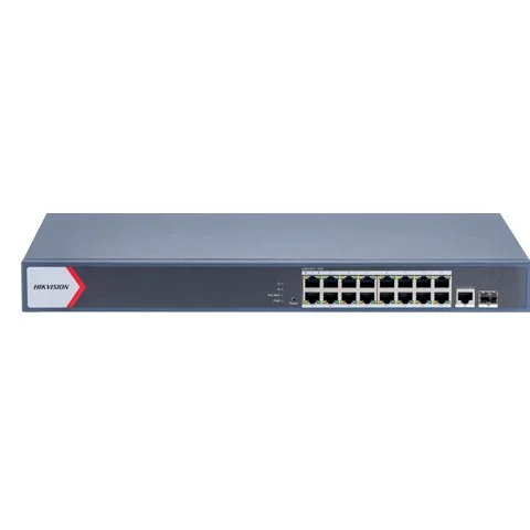 Switch 16 porturi PoE Gigabit Hikvision DS-3E1518P-EI-M, 1 port RJ45 Gigabit, 1 port SFP Gigabit, Smart Management
