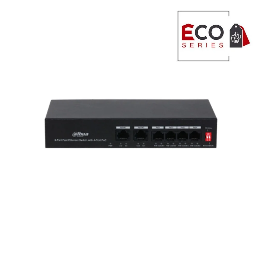 Switch 4 porturi Dahua Eco Series PFS3006-4ET-36, 10/100 Mbps, 1.2 Gbps, 0.89 Mpps, PoE