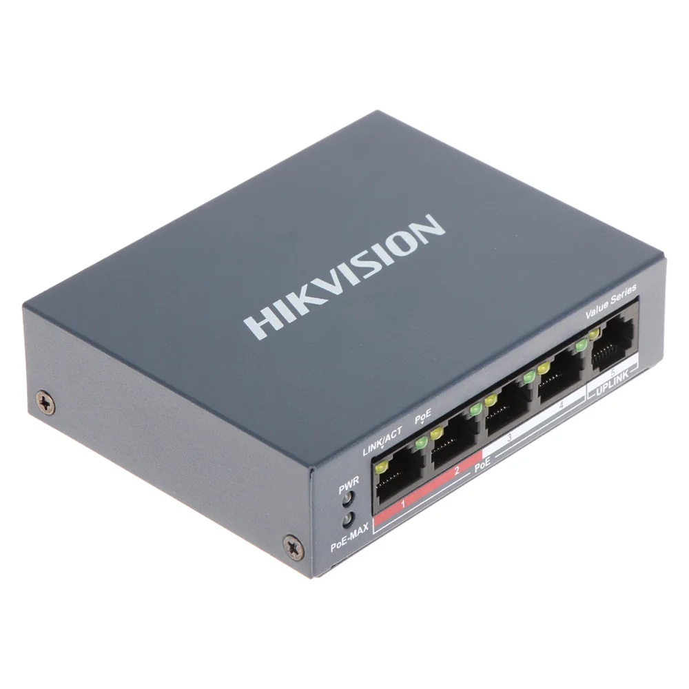 Switch cu 4 port-uri PoE Hikvision DS-3E0105P-E/M(B), 1000 MAC, 1 Gbps, fara management