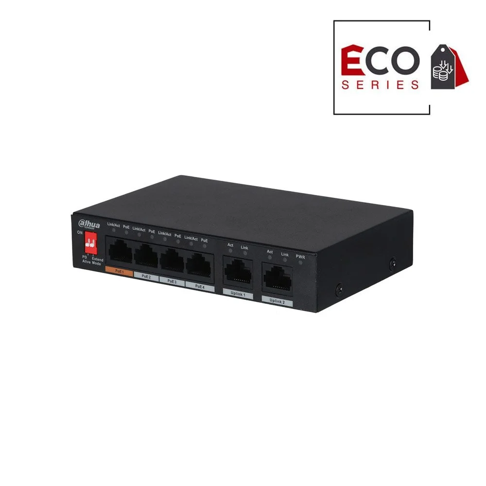 Switch cu 4 porturi PoE Dahua Eco Series PFS3006-4ET-60-V2, 1.8 Gbps, 0.89 Mpps, 2.000 MAC, 2 porturi uplink, fara management