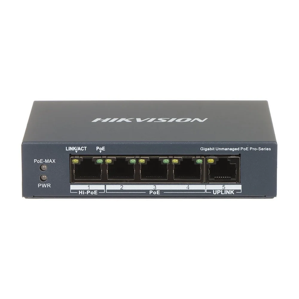 Switch cu 5 porturi Gigabit Hikvision DS-3E0505HP-E, 10 Gbps, 7.44 Mpps, 2000 MAC, Hi-PoE, fara management