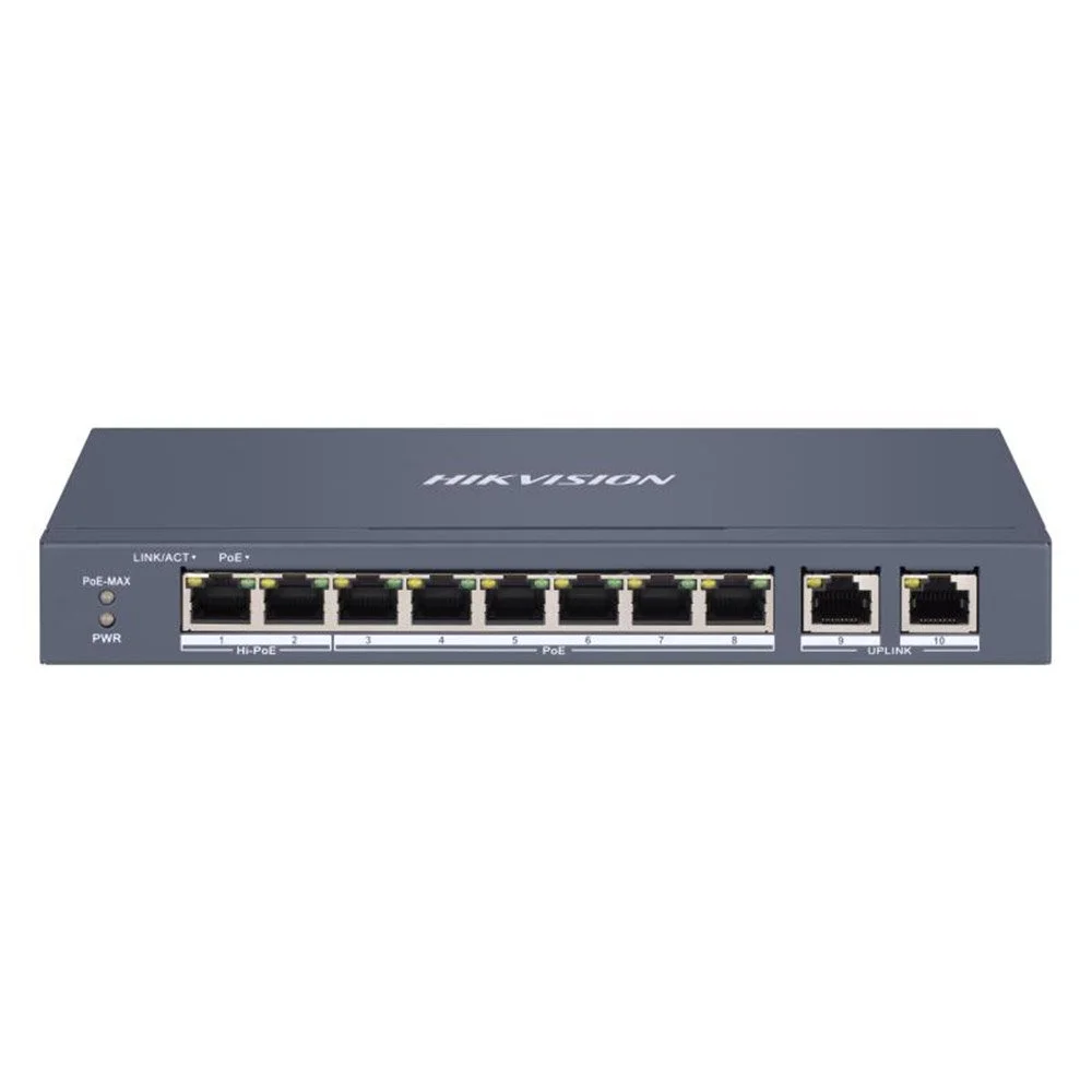 Switch cu 8 porturi PoE Hikvision DS-3E1310HP-EI, 16000 MAC, 9.2 Gbps, Hi-PoE, cu management