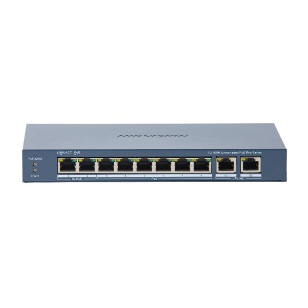 Switch Gigabit cu 8 porturi PoE Hikvision DS-3E0310HP-E(C), 10/100 Mbps, 4.000 MAC, buget PoE 110W, fara management