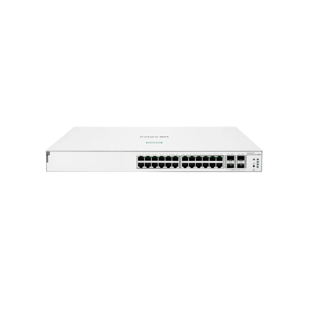 Switch Gigabit PoE rackabil cu 24 de porturi HPE Aruba Instant On 1930 JL683B, 128 Gbps, 95 Mpps, 4 porturi SFP, 16k MAC, buget 195W, 1U, cu management