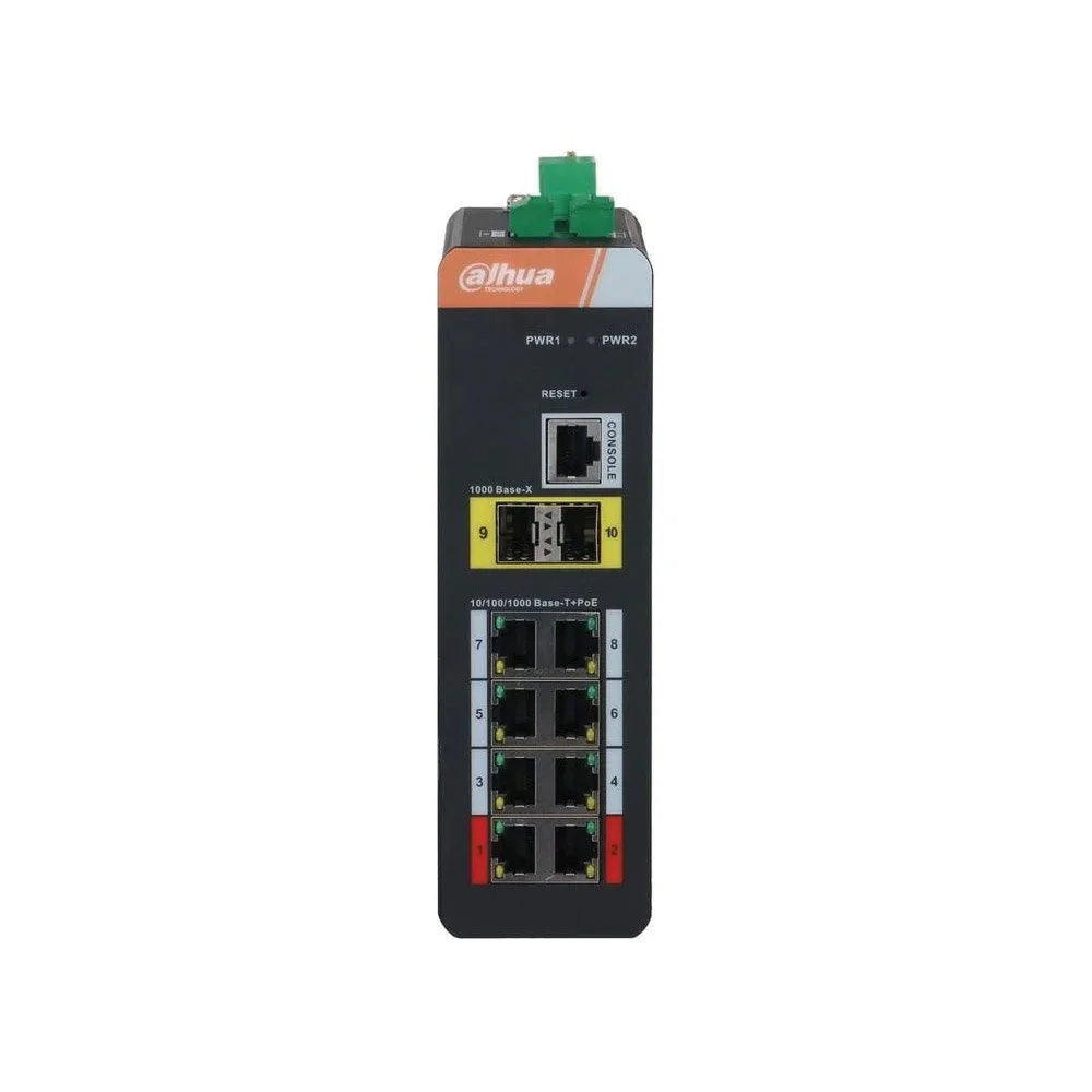 Switch industrial Dahua IS4210-8GT-120, 11 porturi, 8x RJ45 PoE Gigabit, 2x SFP gigabit, 20 Gbps, 14.88 Mpps, 1x port consola, suporta STP, RSTP, ERPS, PoE Watchdog, montare pe sina DIN