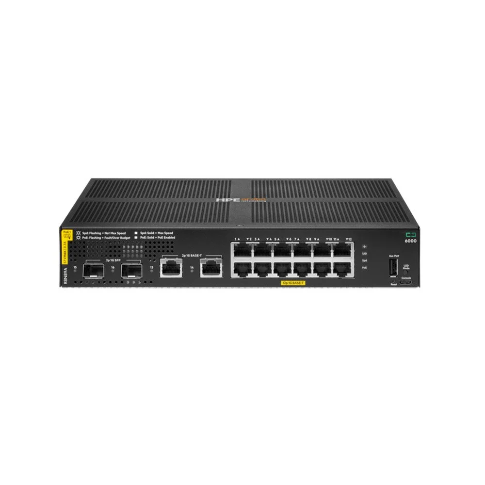 Switch PoE cu 12 porturi HPE Aruba Networking CX 6000 R8N89A, 2 porturi SFP, 32 Gbps, 23.8 Mpps, buget 139 W, L2, cu management