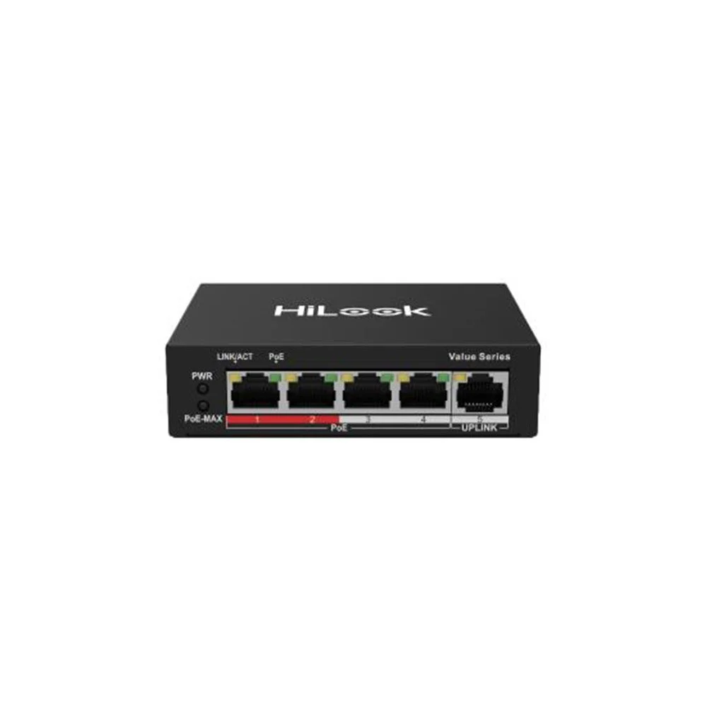 Switch PoE cu 4 porturi HikVision HiLook NS-0105P-35(B), 10/100 Mbps, 1 Gbps, 0.744 Mpps, MAC 1K, fara management